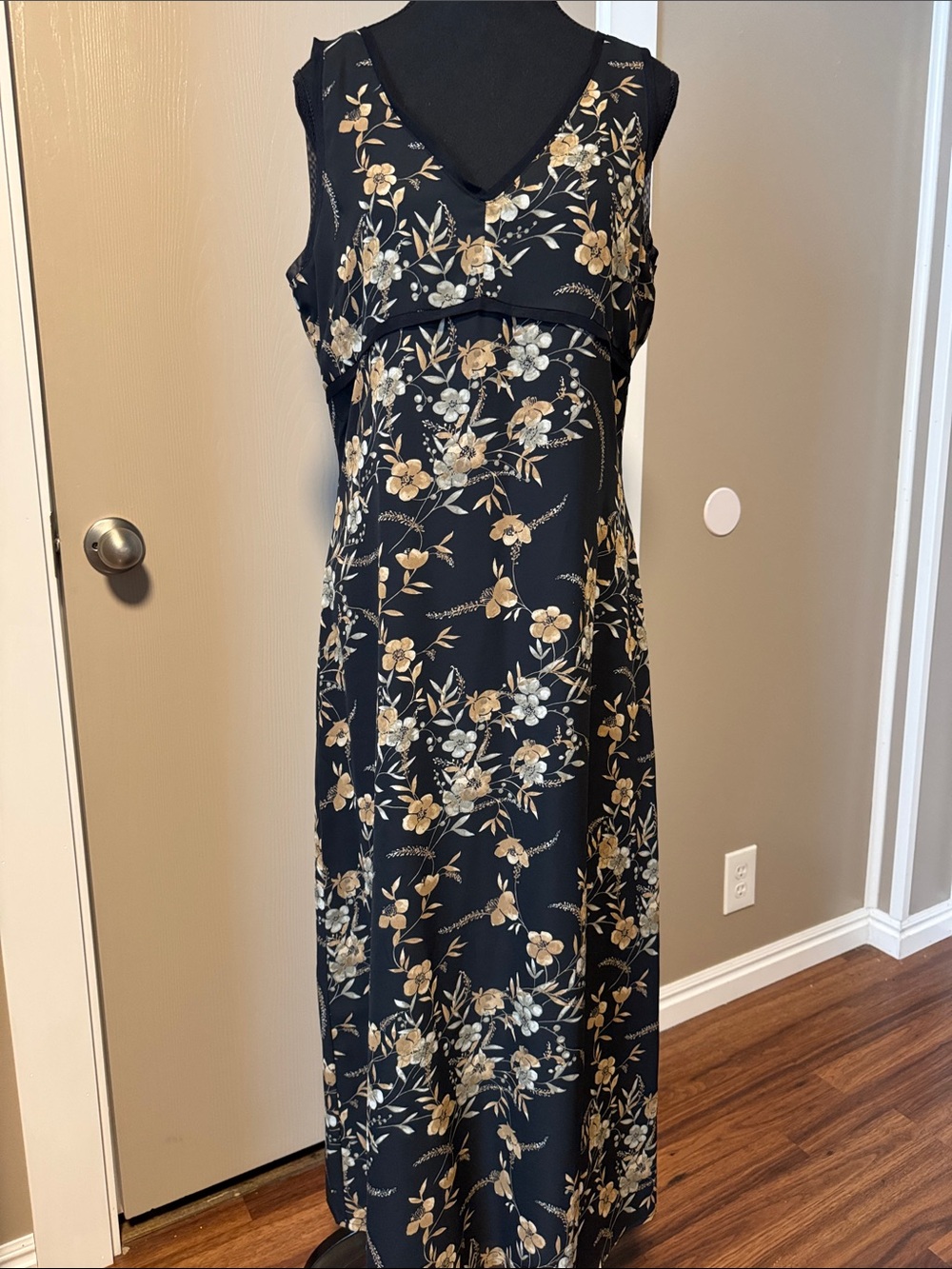 Old Navy Black Maxi Dress with Gold and Cream Floral Print
